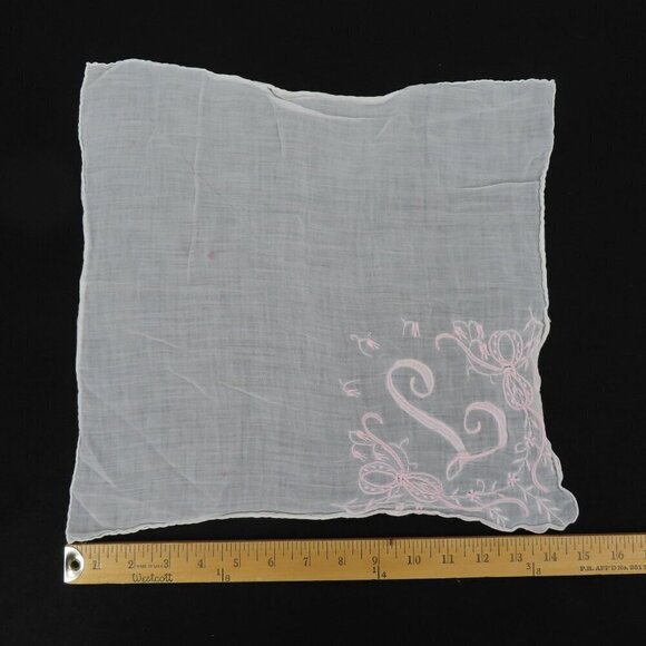 Handmade Embroidered Pink L Initial Monogram Scroll Handkerchief Hankie Vintage - Picture 4 of 9